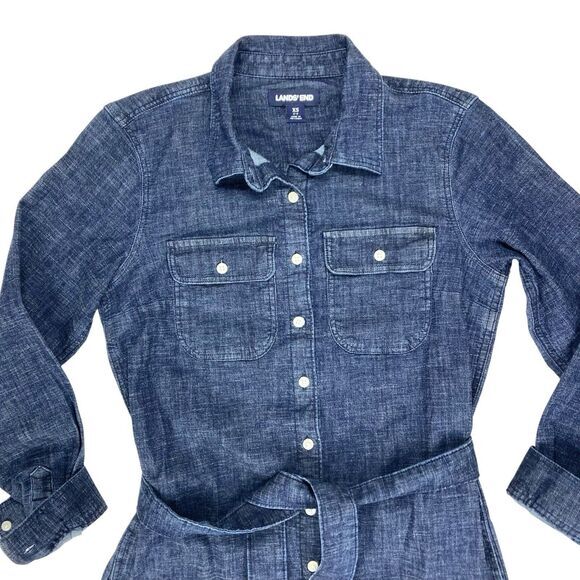 Lands End Denim Dress Womens XS Blue Belted Pockets Comfy Western Core Stretchy - Picture 3 of 16